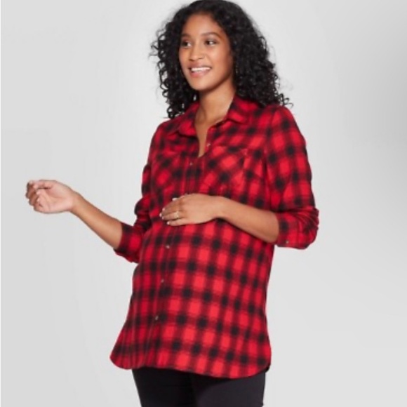 Maternity Plaid Elbow Sleeve Flannel Tunic - Ingrid & Isabel, Red XXL - Picture 2 of 3